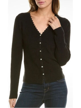 $395 Vince Women's Crocheted Trim Linen Blend Cardigan Black Sz Small